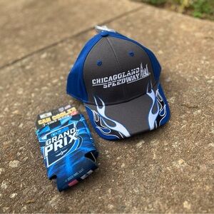🆕 Chicagoland Speedway Racing Blue and Gray Cap and Koozie